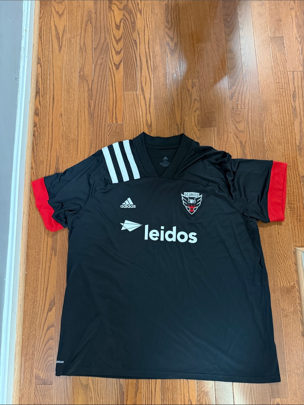 adidas Black Men’s DC United Soccer Jersey with Red Cuffs